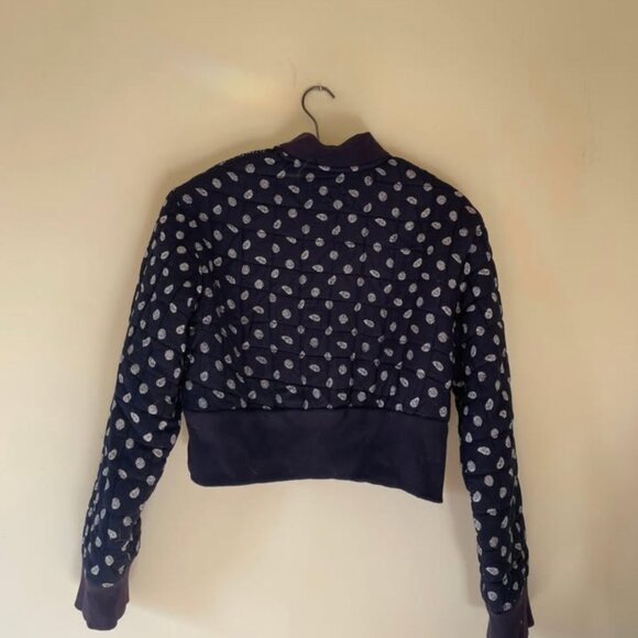 Vintage 90s Cotton Ginny Cropped Navy Blue Patchwork Bomber Jacket Coat - small - Picture 2 of 2